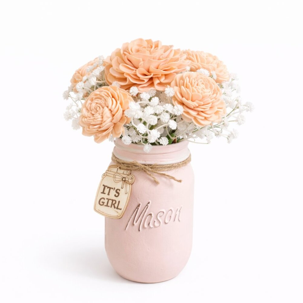 Pink Sola Wood Rose Arrangement in Mason Jar Girl Baby Shower Nursery Decor Gift